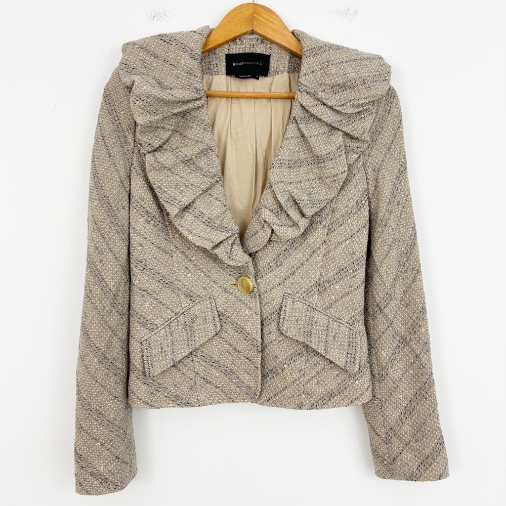 BCBGMaxazria Tan Tweed Wool Ruffle Lapel Neck Blazer Jacket Size Small